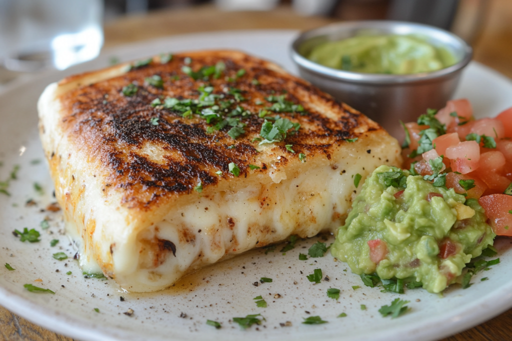 Cheesy grilled burrito on a plate