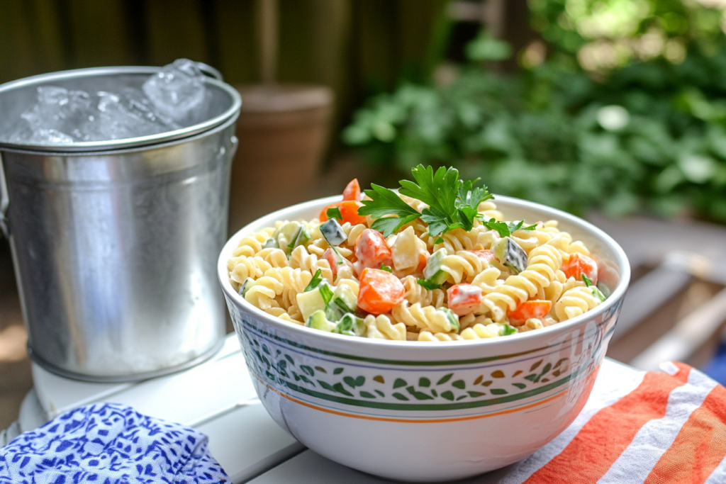 Chilled pasta salad ready to serve
