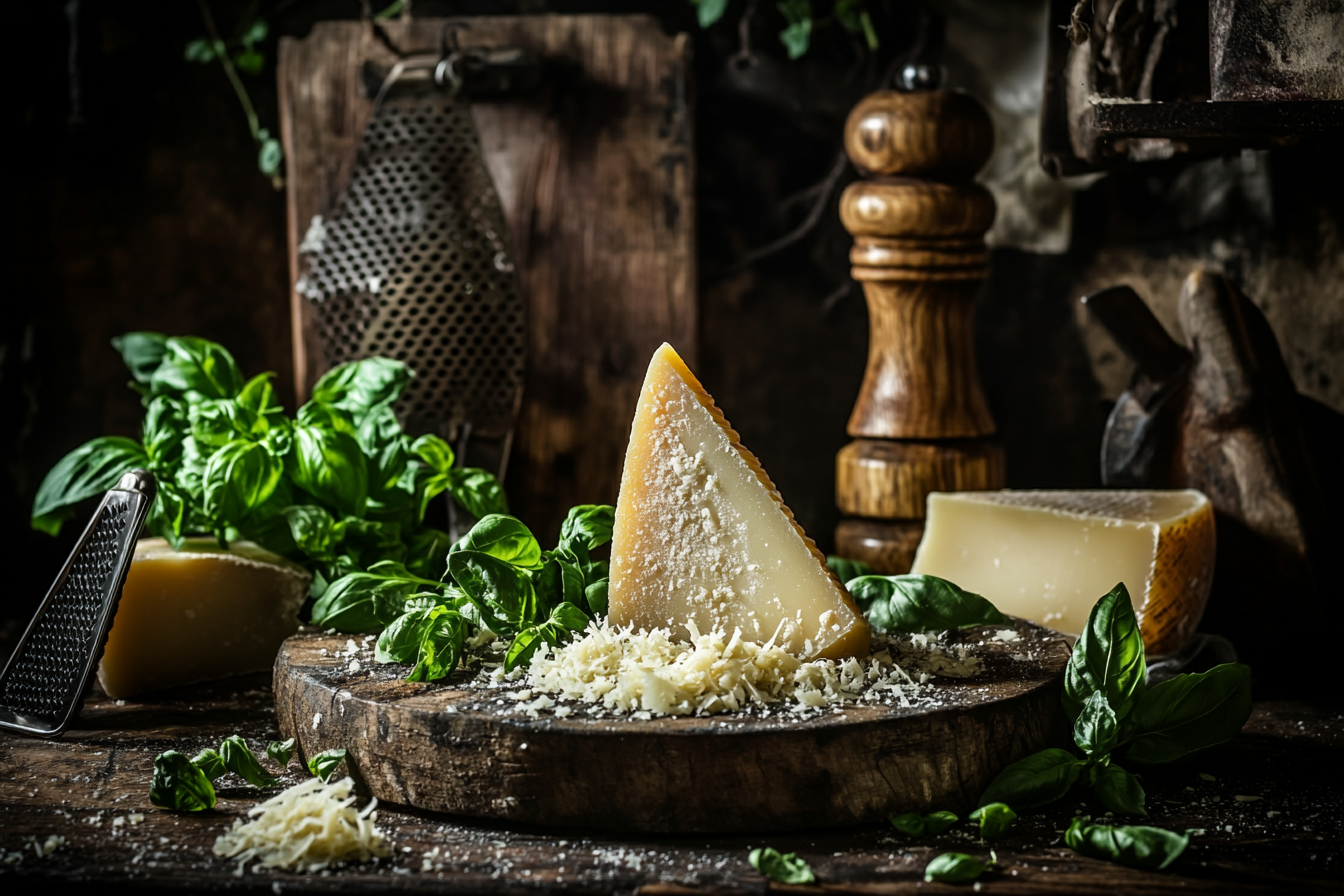 Parmesan cheese on a wooden board