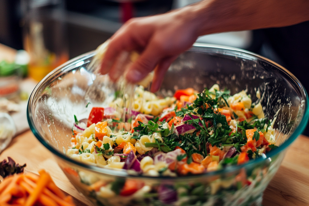 Tossing dressing in pasta salad