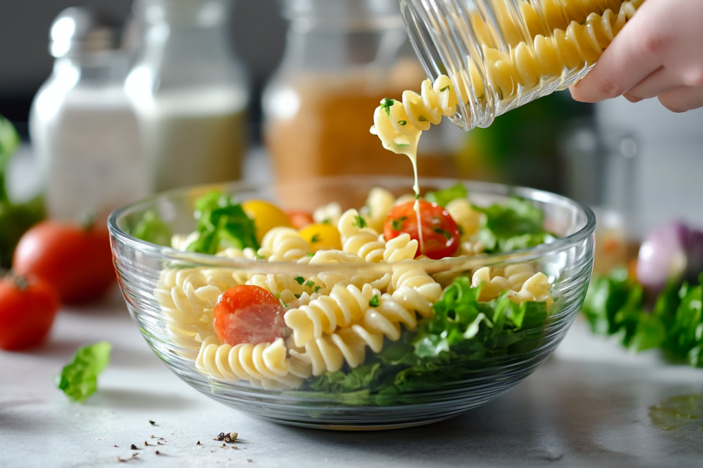 Making Caesar pasta salad