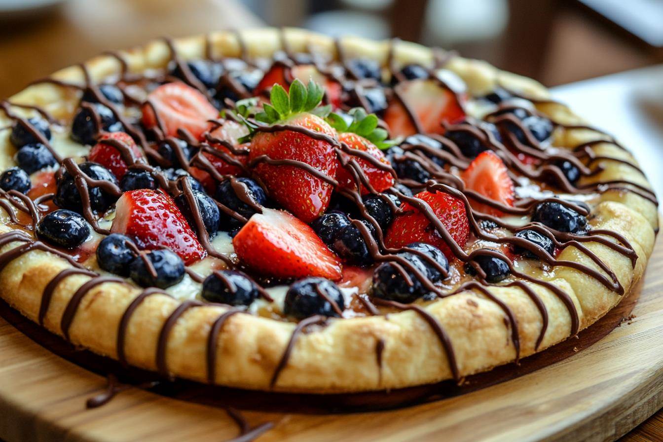 Homemade dessert pizza recipe with fruit and chocolate drizzle