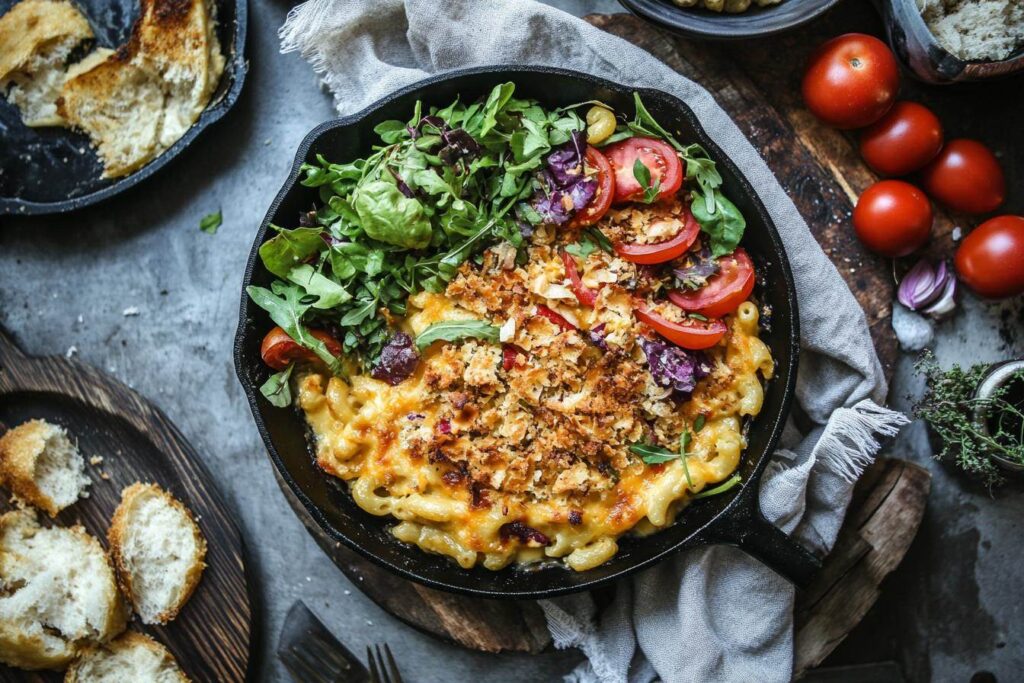 Smoked mac and cheese in a skillet