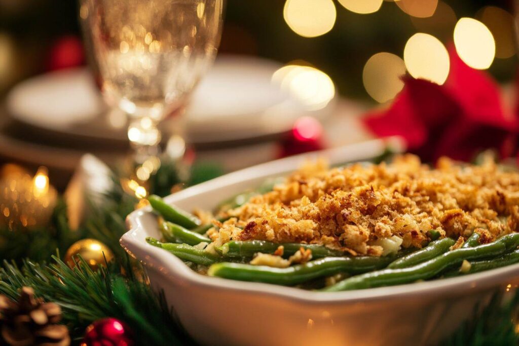 Green bean casserole in a festive kitchen setting