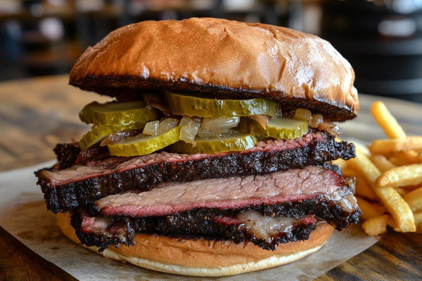 Juicy beef brisket sandwich on toasted bun