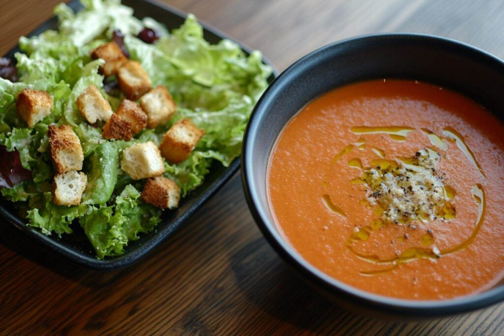 Tomato soup with Caesar salad