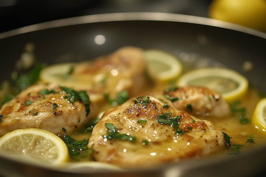 Chicken cooking in a skillet