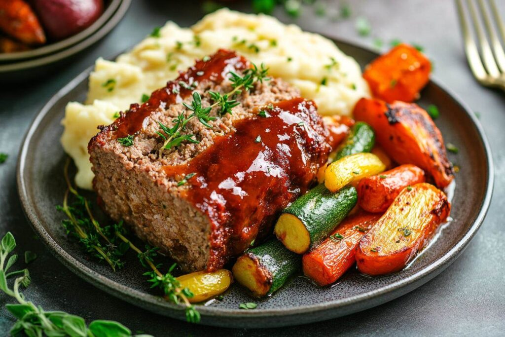 Smoked meatloaf served with sides