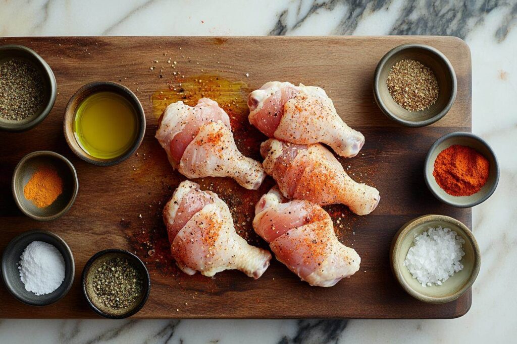 Seasoned chicken drumsticks in olive oil