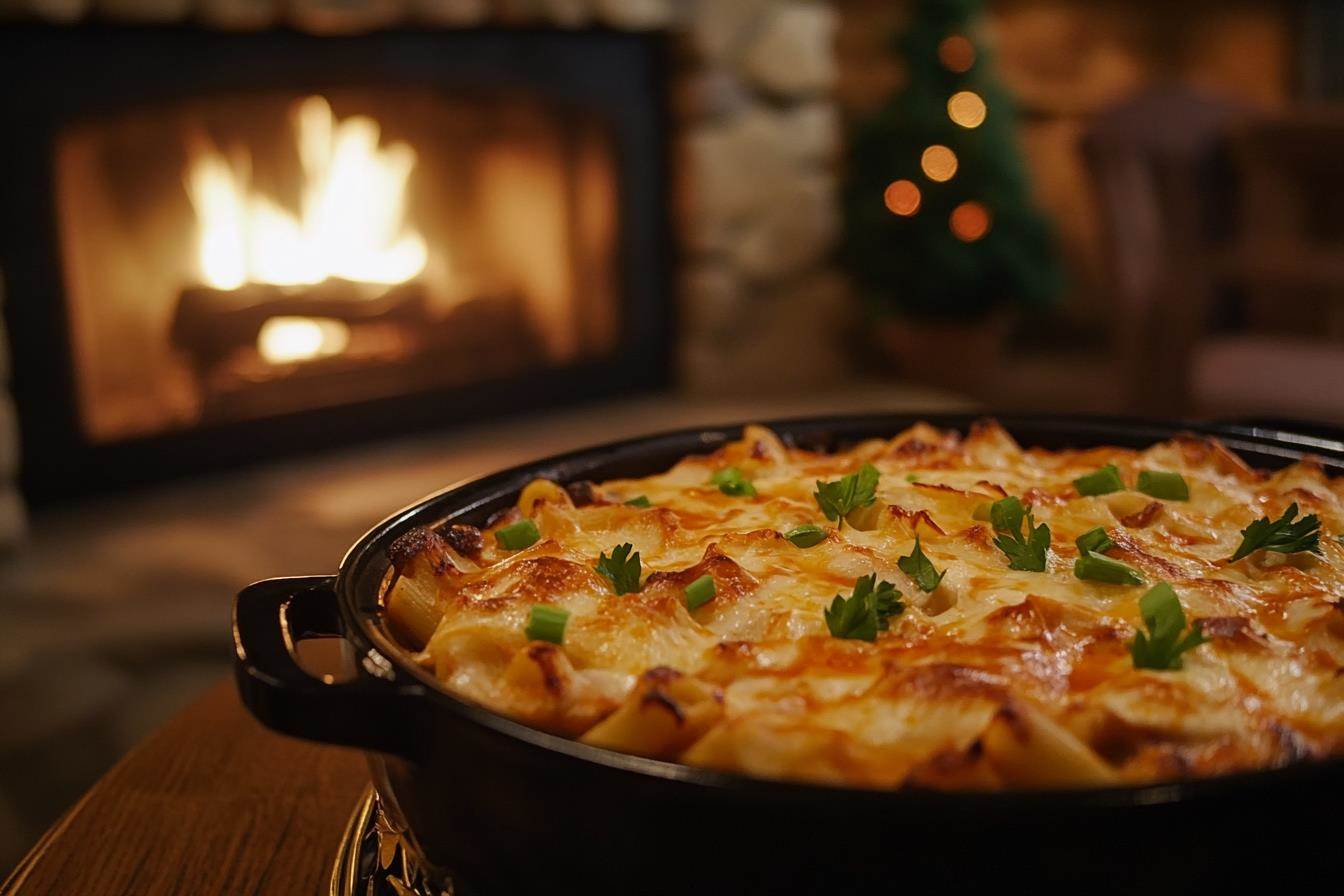 Buffalo Chicken Pasta Bake in a casserole dish