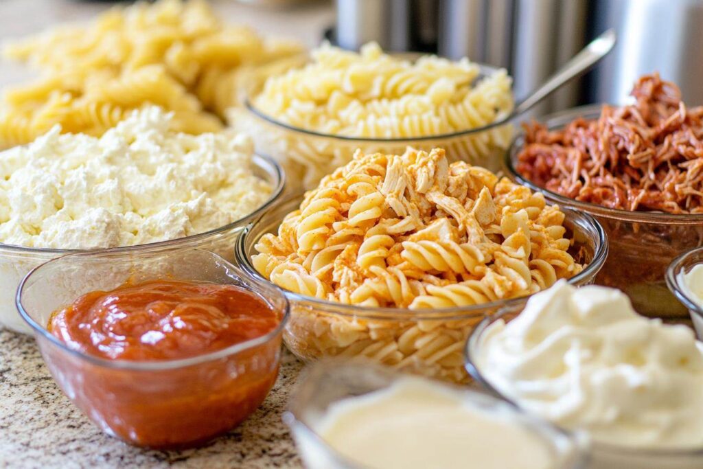 Key ingredients for Buffalo Chicken Pasta Bake