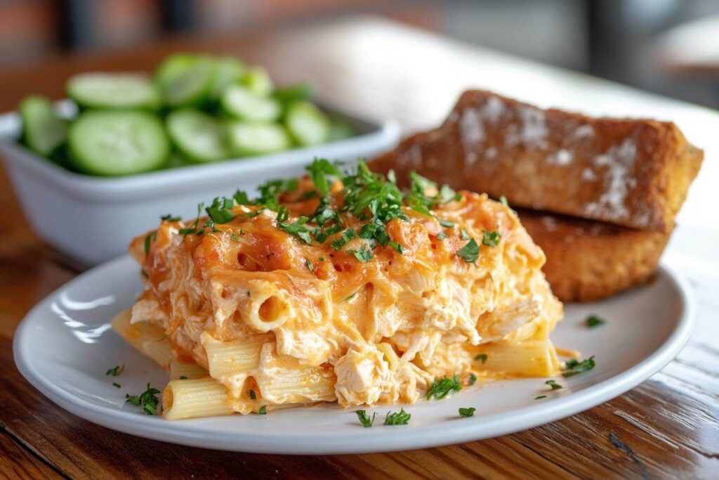 Plated Buffalo Chicken Pasta Bake with sides