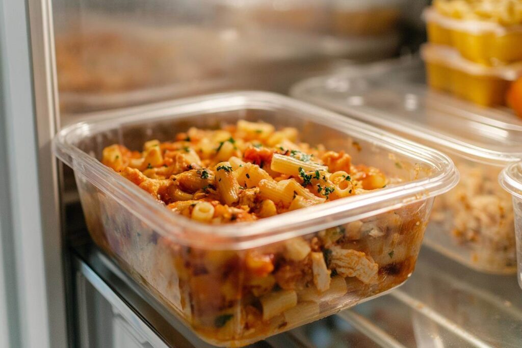 Leftover Buffalo Chicken Pasta Bake in storage