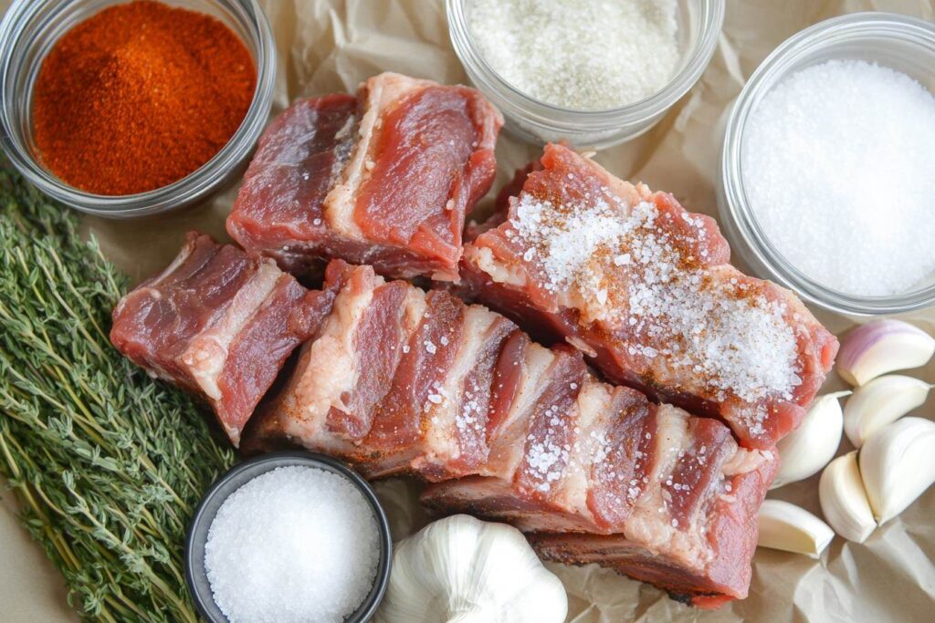 Raw beef short ribs prepped for smoking