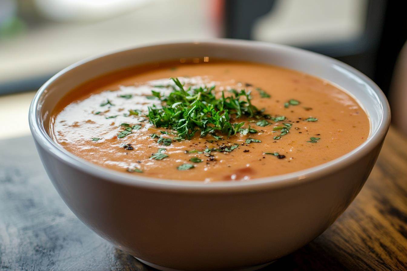 Bowl of breakfast soup with fresh herbs.