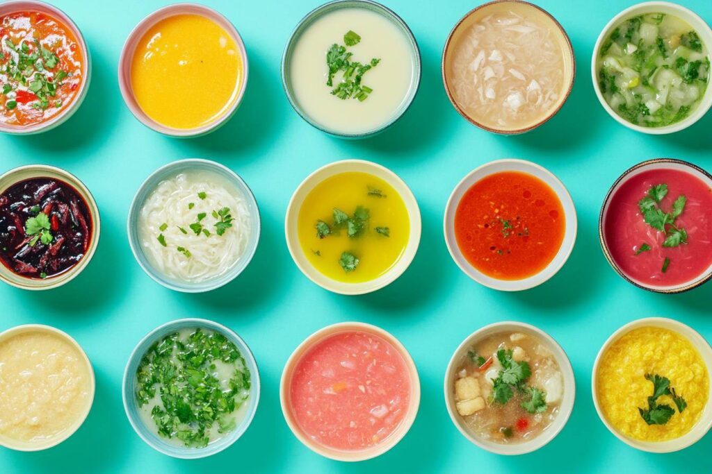 A variety of global breakfast soups.