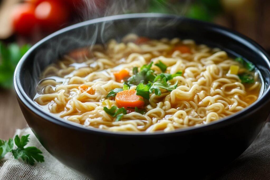 Bowl of gluten-free soup with veggies.