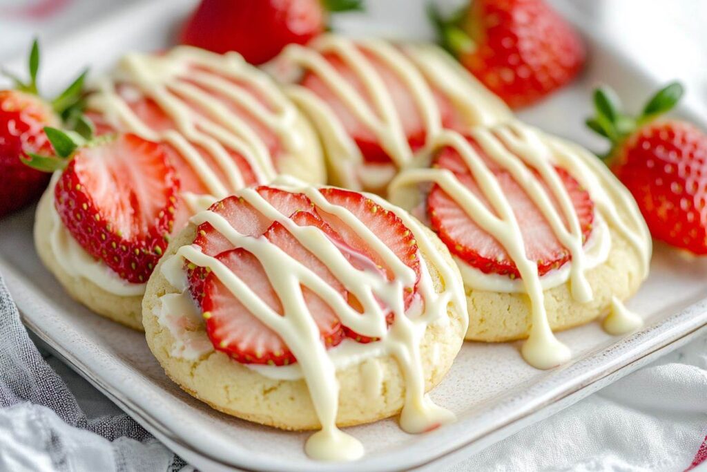 Plated strawberry cheesecake cookies