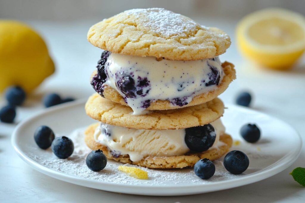 Ice cream sandwich with lemon blueberry cookies