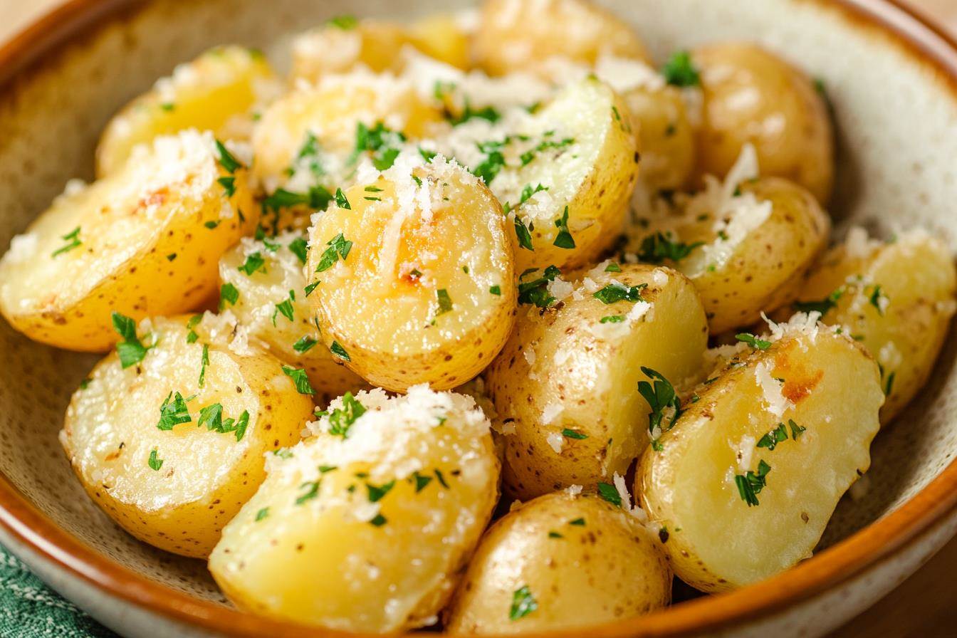 Creamy garlic sauce baby potatoes in a bowl