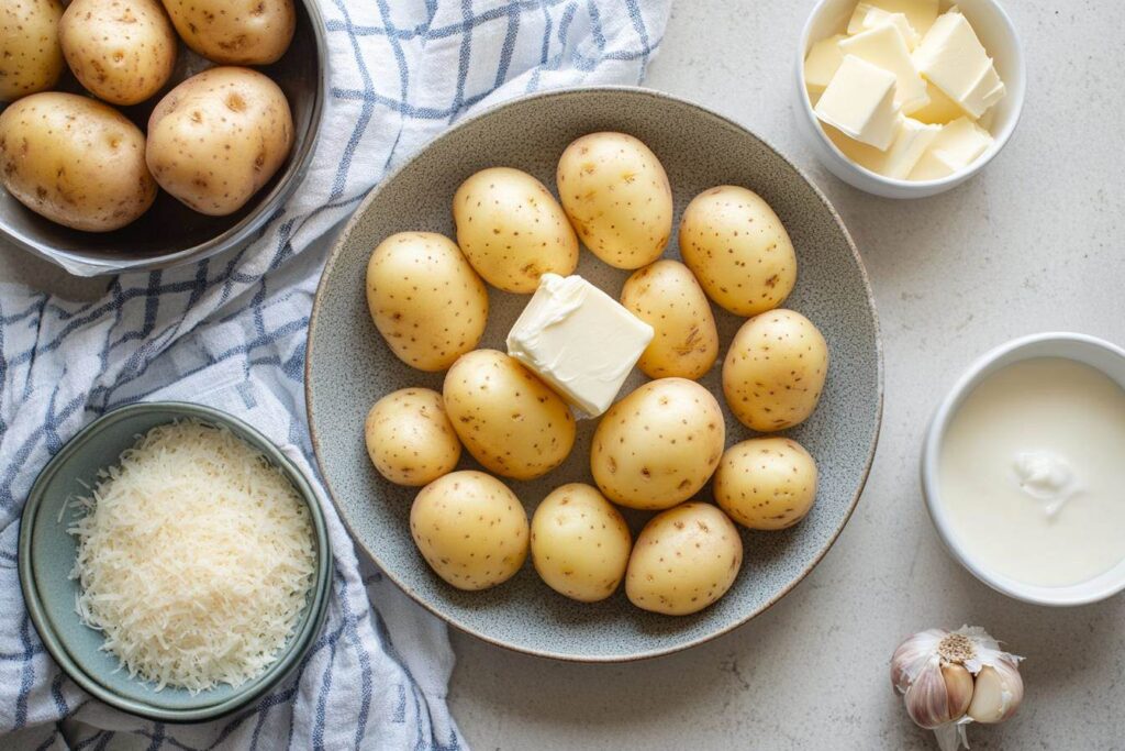 Ingredients for creamy garlic sauce baby potatoes