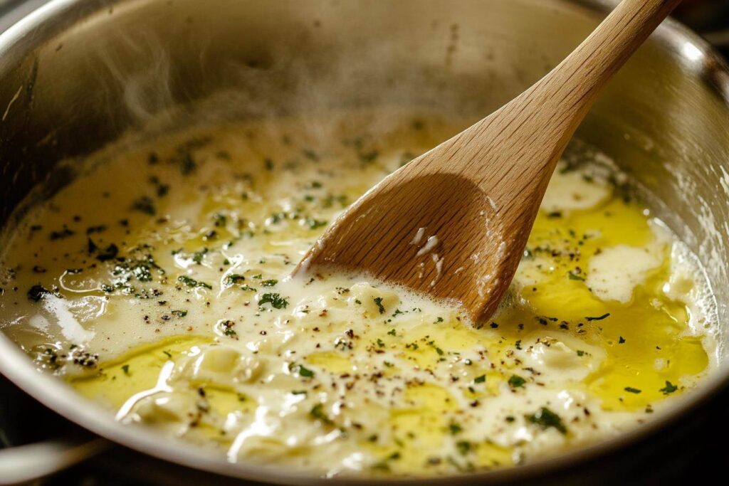 Cooking creamy garlic sauce for potatoes