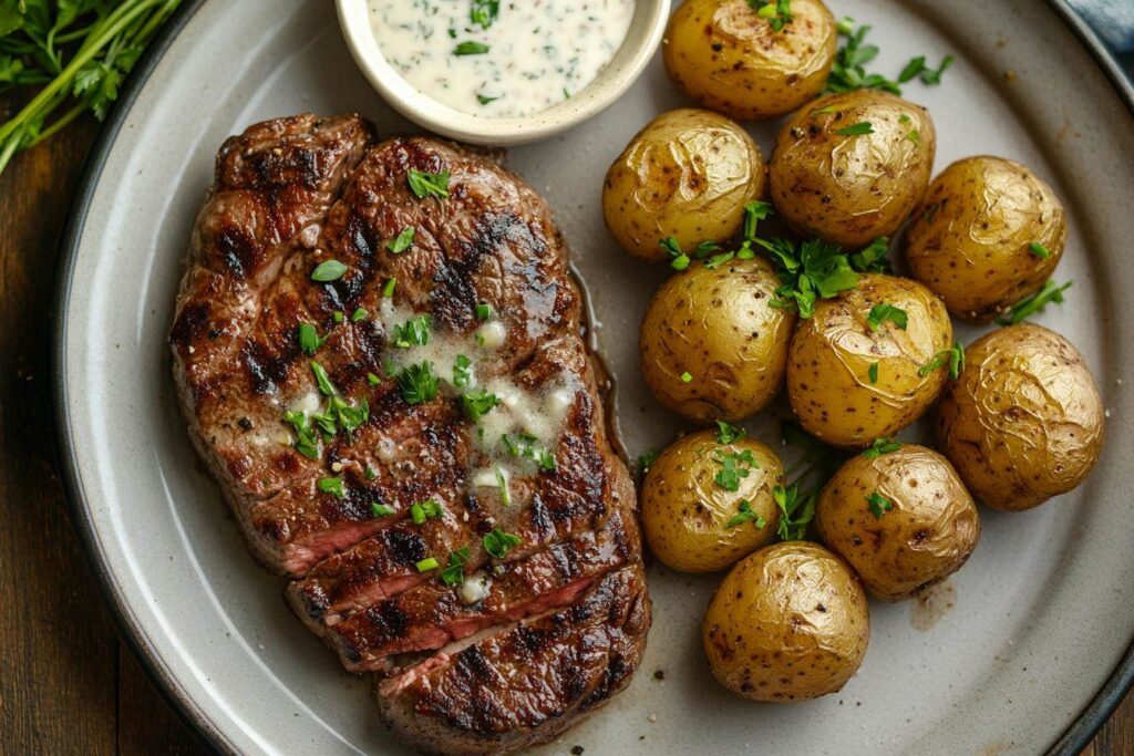 Creamy garlic potatoes with steak