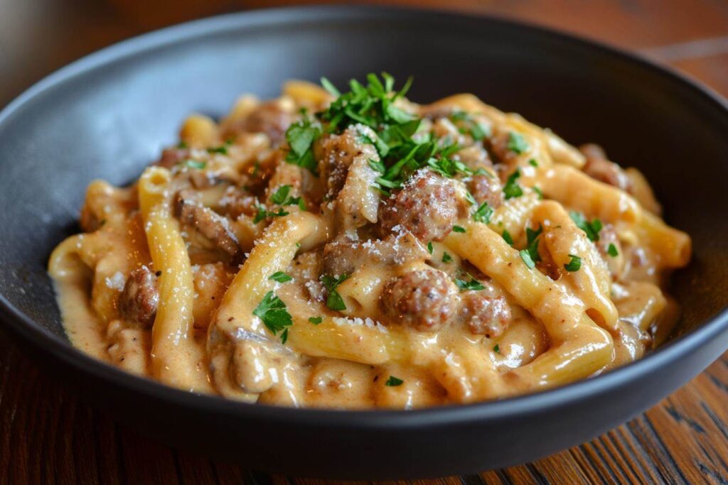 Strozzapreti pasta with mushroom sauce