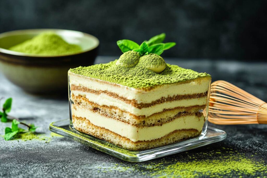 Matcha tiramisu in a glass dish