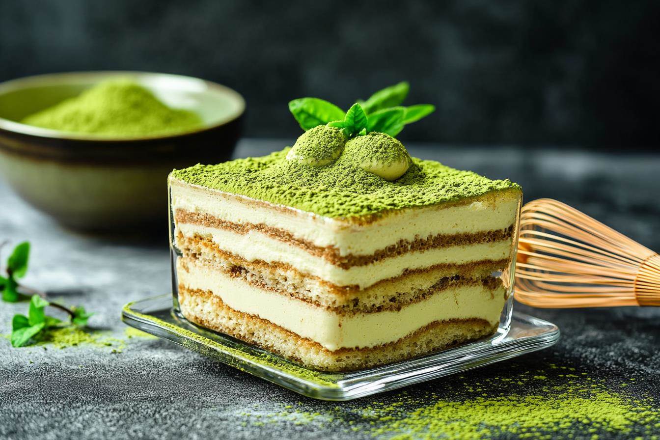 Matcha tiramisu in a glass dish