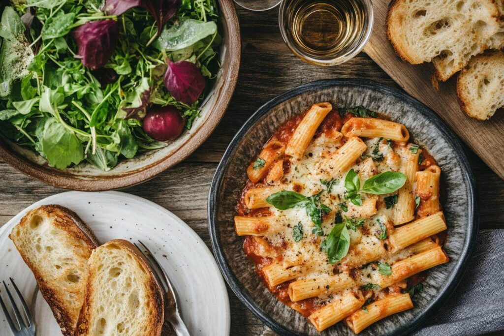 Served Pasta al Forno with Salad