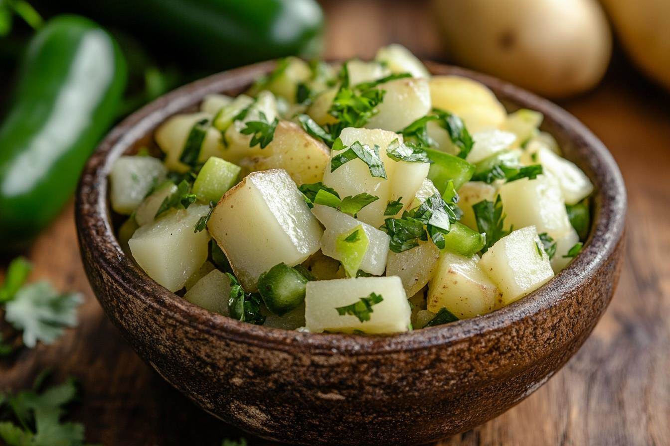 Potato onion jalapeno salad on table