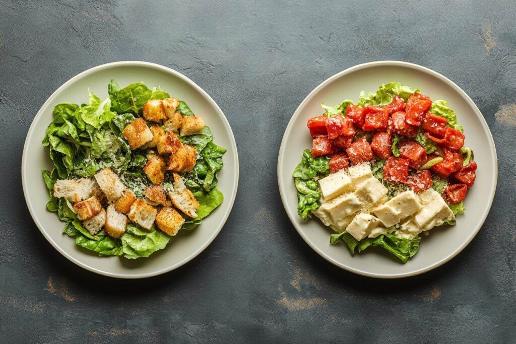 Homemade and restaurant Caesar salad compared