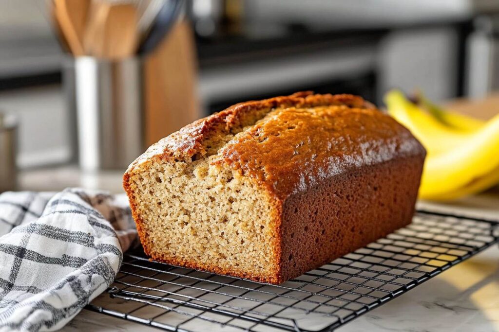 Homemade banana bread cooling on a rack