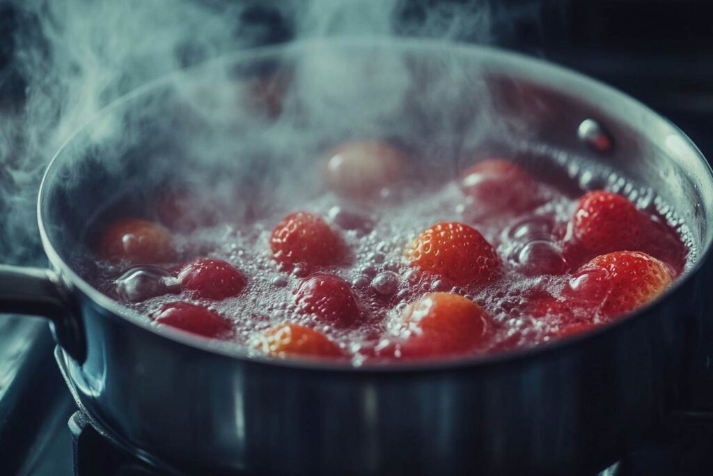 Cooking strawberry compote in a saucepan