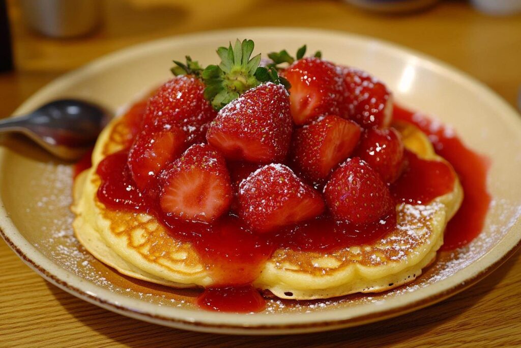 Strawberry compote on pancakes