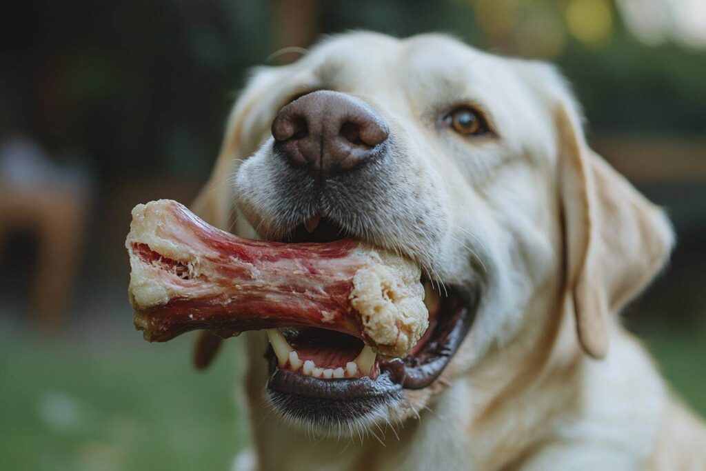 Dog Chewing a Beef Knuckle Bone